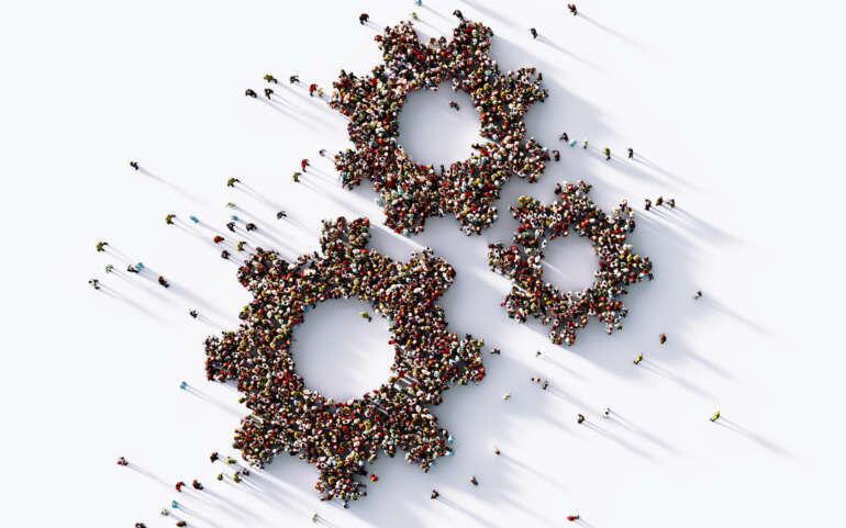 Human Crowd Forming Gear Symbols : Hierarchy Concept